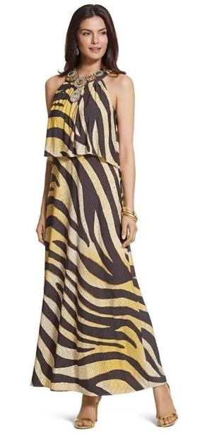 Chico's Black And Gold Zebra Print Jersey‎ Sleeveless Halter Neck Maxi Dress S thumbnail 1