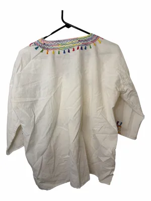 Embroidered White Cotton V-Neck Tunic with Multicolor Tassel Accents thumbnail 2