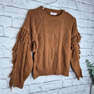 Pink Lily Fringe Sleeve Cable Knit Sweater Brown M Western Boho Fall Cowgirl Top thumbnail 4