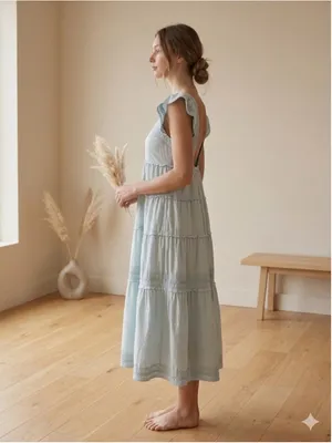 KARLIE Light Blue Cotton Smocked Tiered Ruffle Dress Midi Cottagecore Pockets M thumbnail 2