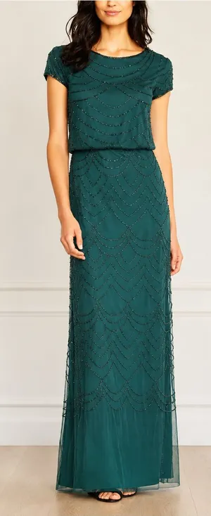 Adrianna Papell Sz 10 Dusty Emerald Green Beaded Blouson Evening Gown Maxi Dress thumbnail 1
