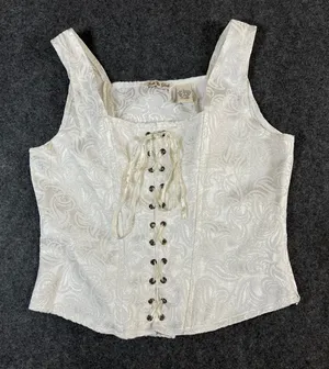 Just The Girls Ivory Jacquard Corset Top Lace Up Damask Sleeveless Bodice Large thumbnail 1