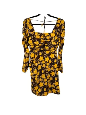 Floret Cottagecore Dark Floral Ruched Square Neck Dress Yellow Brown XS NWOT thumbnail 3