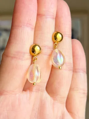 Handmade pear teardrop Czech glass simple minimalist earrings💛 thumbnail 3