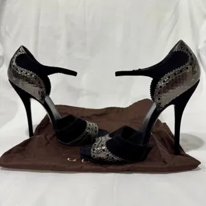 Gucci Black Suede Metallic Python Brogue Ankle-Strap Heels EU 39 thumbnail 6