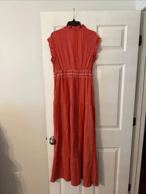 Ariat Coral-Red Tiered Maxi Dress with Tassel Tie size S excellent condition thumbnail 5