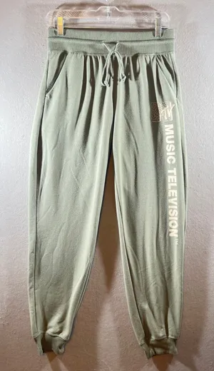 744 | MTV‎ Music Television Graphic Jogger Sweatpants Sage Green Womens Small thumbnail 1