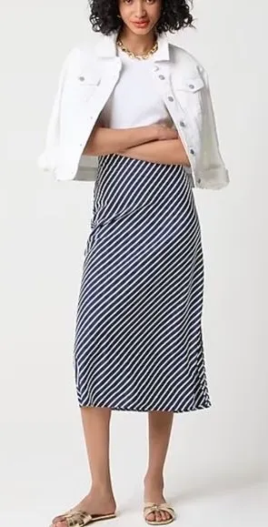 J. Crew Navy White Diagonal Stripe Satin Midi Skirt Elastic Waist Nautical Large thumbnail 1