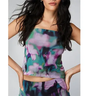 NWOT ~ Purple & Green Floral Sleeveless Off Shoulder Bandeau Crop Tube Top thumbnail 2
