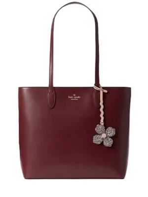 Kate Spade Kerri Medium Tote Bag Burgundy Leather with Glitter Flower Charm thumbnail 1