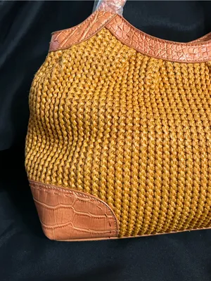 Stone Mountain Havana Orange Woven Tote Bag Tan Trim Flower Charm NWT thumbnail 4