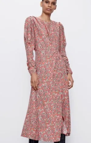 Zara FLORAL PRINTED DRAPED MIDI Flowy DRESS Long Sleeve Puff Shoulders Sz XS NEW thumbnail 12