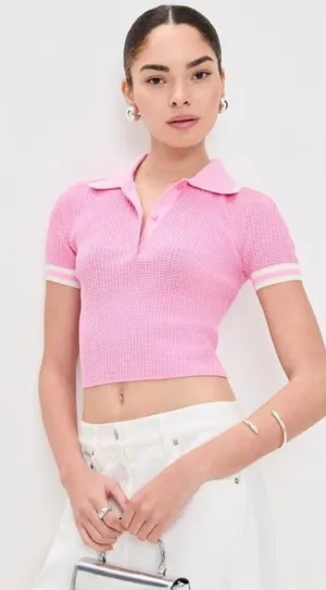 Jonathan Simkhai Whitten Pink Ribbed Knit Cropped Polo Top Size M thumbnail 1