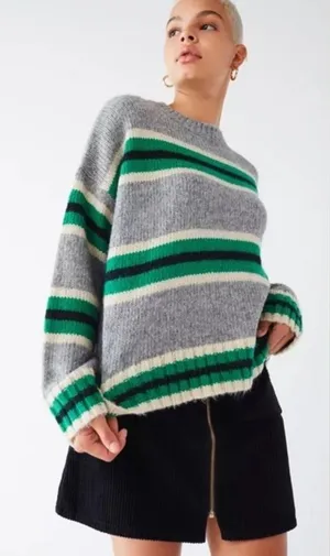 Urban Outfitters Sweater Knit Boyfriend Crewneck Gray Green Striped Fall cozy thumbnail 1