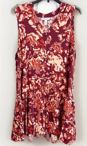 NINE WEST Babydoll Dress Size L Abstract Tiered Ruffle Hem Boho Purple Cream thumbnail 1