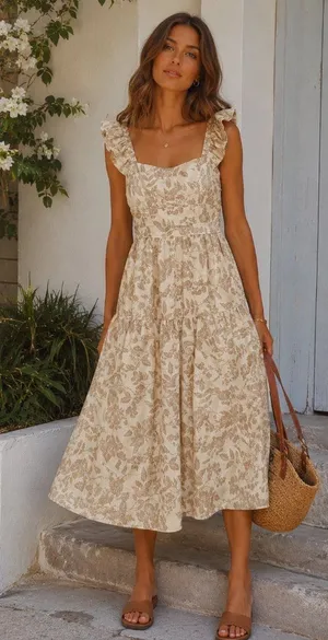 Moon River Ruffle Straps Tiered Hem Smocked Back Midi Dress Cream Multi Small thumbnail 1