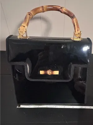 Black Patent Top-Handle Bag with Bamboo Accent thumbnail 12