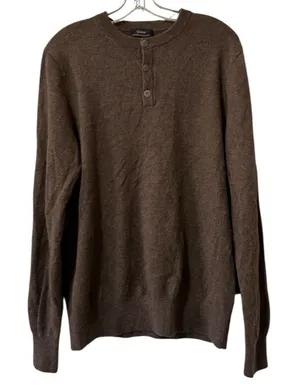 Quince Women Size Large Mongolian Cashmere Crewneck Sweater Henley Brown‎ Luxury thumbnail 1