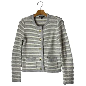 Ann Taylor Sweater Women Small‎ Petite Gray Ivory Striped Metallic Knit Cardigan thumbnail 2