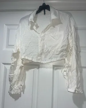 SHEIN White Cropped Button-Front Tie-Side Shirt thumbnail 1