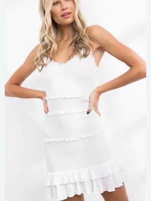 Olivaceous White Ruffle-Trim Sleeveless Mini Dress thumbnail 2