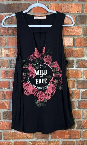 Rebellious. One womens Wild and Free graphic cut out tank top black 1X thumbnail 1