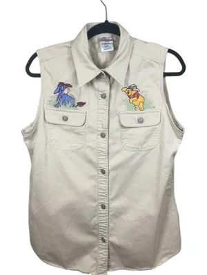Vintage‎ Disney Pooh Eeyore Utility Vest Y2K Safari Embroidered Beige L thumbnail 1