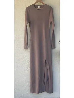 Abercrombie & Fitch Brown Soft Ribbed Knit Long Sleeve Maxi Bodycon Slit Dress thumbnail 2