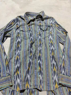 Ryan Michael Striped western Button-Up Shirt in Blue & Yellow medium thumbnail 2