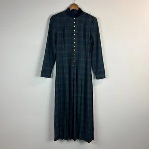 Vintage Tartan‎ Plaid Maxi Dress Womens 4 Green Navy Pleated A-Line Gold Buttons thumbnail 12