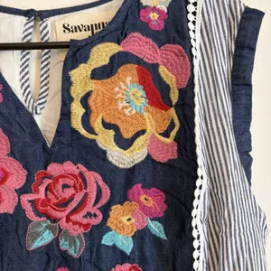 Savanna Jane Striped Floral Embroidered Dress size M Blue White Sleeveless thumbnail 7