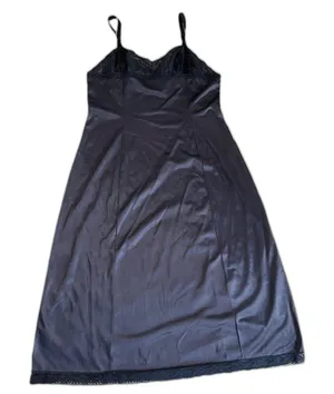 VTG Wonder Maid Nightgown SLIP Navy Black Satin Full Slip Lace SZ 38 Negligee thumbnail 1