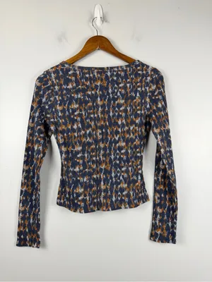 Anthropologie Pilcro notch neck waffle knit in blue orange print size small thumbnail 5