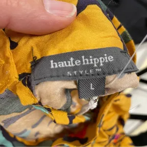 Haute Hippie Mustard Yellow Floral Print Halter Smocked Boho Blouse L Sleeveless thumbnail 8