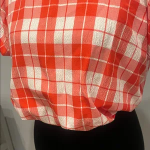 Plaid Red and White Women's cropped Top with puffy sleeves thumbnail 3