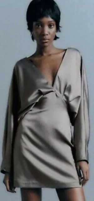 Womens S Voluminous Sleeve Satin Effect Dress Deep V-Neck Green Open thumbnail 1