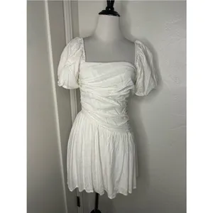 Charming Off-White/Cream Ruched Mini Dress – Puff Sleeves & Smocked Back small thumbnail 2