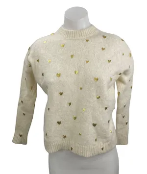 SEZANE Cinta Women's Cream Wool Gold Heart Long Sleeve Sweatshirt Sweater Top M thumbnail 1