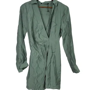 Zara Long Sleeve Tunic Wrap Style Mini Dress Collard V Neck Button M Sage Green thumbnail 3