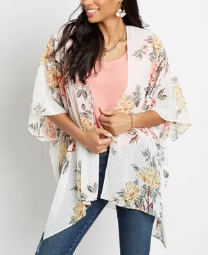 Maurices White Floral Swiss Clip Dot Kimono Multi Pastel Open Front thumbnail 1