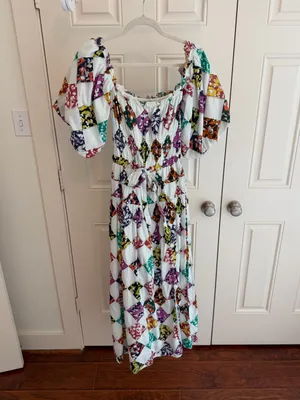 Anthropologie Smocked Puff-Sleeve Maxi Dress in White with Multicolor Diamond Print thumbnail 3