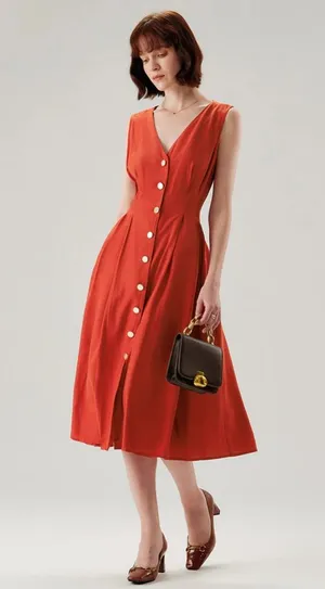 Rihoas Red V-neck Button Sleeveless Midi Dress thumbnail 1