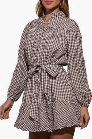 VICI Sweet‎ Autumn Plaid Belted Long Sleeve Mini ShirtDress Brown & Cream Large thumbnail 1