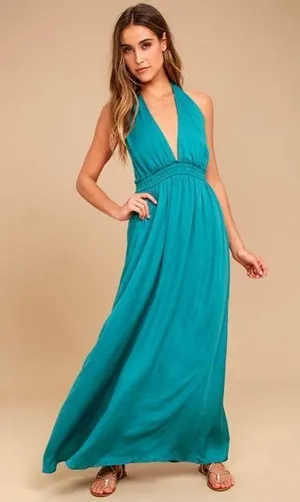 Lulus Unforgettable Night Maxi Dress XS Teal Blue Satin Halter Open Back Beach thumbnail 1