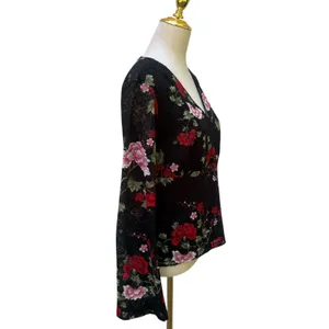 VTG Y2K Fashion Bug Floral Lace Top XL Black‎ Red Bell Sleeve Whimsigoth Vampy thumbnail 2