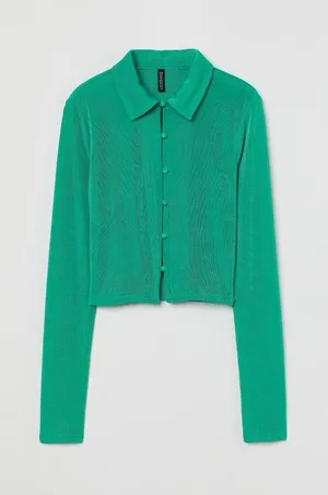 H&M Jersey Green Long Sleeve Cropped Button Down thumbnail 1