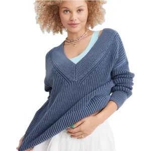 Aerie Sweater Women's Size XS Ribbed V-Neck Oversized Chunky‎ Knit Pullover Blue thumbnail 1