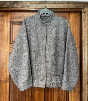 Grey Textured Boucle Tweed Oversized Funnel Neck Jacket Coat XL thumbnail 1