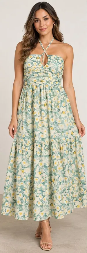 Bishop + Young NWT Aeries Halter Dress Lagos Print Floral Cotton Maxi Small thumbnail 1
