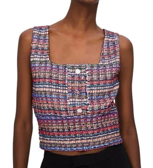 Zara Tweed Crop Tank Top Womens Medium Multicolor Plaid Button Front Square Neck thumbnail 1